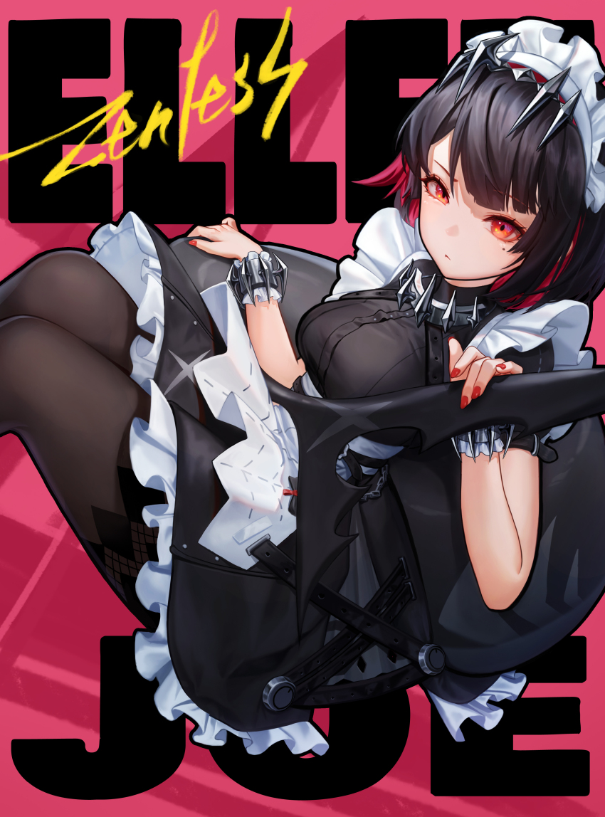 1girl, :<, absurdres, apron, black_dress, black_hair, black_pantyhose, breasts, changi_16, character_name, colored_inner_hair, copyright_name, cowboy_shot, dress, ellen_joe, fins, fish_tail, frilled_apron, frilled_dress, frilled_wristband, frills, highres, holding_own_tail, knees_up, looking_at_viewer, maid, maid_headdress, medium_breasts, mole, mole_under_eye, multicolored_hair, pantyhose, puffy_short_sleeves, puffy_sleeves, red_background, red_eyes, red_hair, red_nails, shark_girl, shark_tail, short_dress, short_hair, short_sleeves, sitting, solo, tail, v-shaped_eyebrows, waist_apron, white_apron, zenless_zone_zero