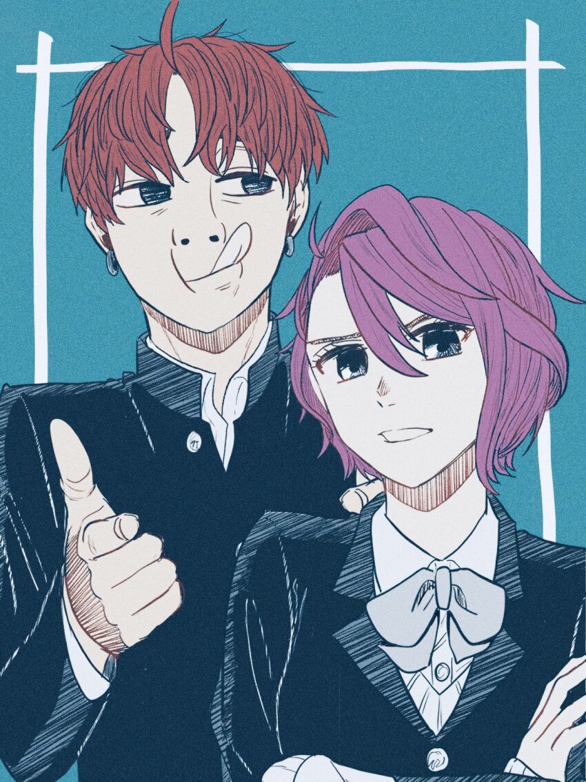 1boy, 1girl, black_jacket, bow, bowtie, closed_mouth, collared_shirt, commentary_request, crossed_arms, dandadan, dress_shirt, earrings, gakuran, hair_between_eyes, high_collar, highres, jacket, jewelry, enjoji_jin, long_sleeves, looking_at_viewer, looking_to_the_side, moi_moi753, parted_lips, pink_hair, pointing, pointing_at_viewer, red_hair, school_uniform, shiratori_aira_(dandadan), shirt, short_hair, sideways_glance, tongue, tongue_out, upper_body, white_shirt