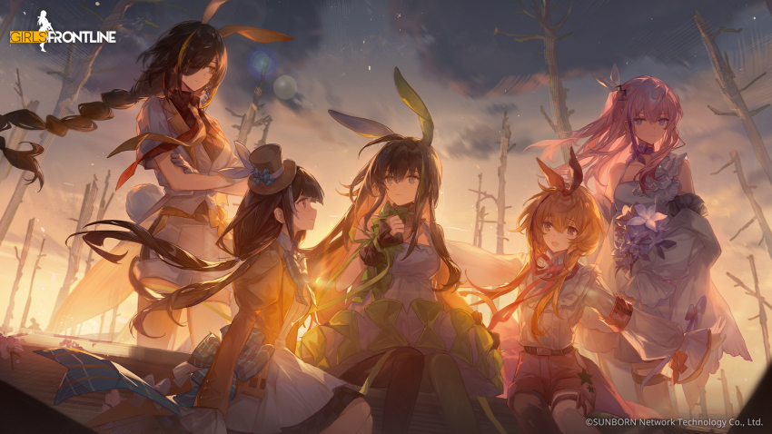 5girls, animal_ears, anti-rain_(girls'_frontline), artist_request, bare_shoulders, bare_tree, black_hair, blonde_hair