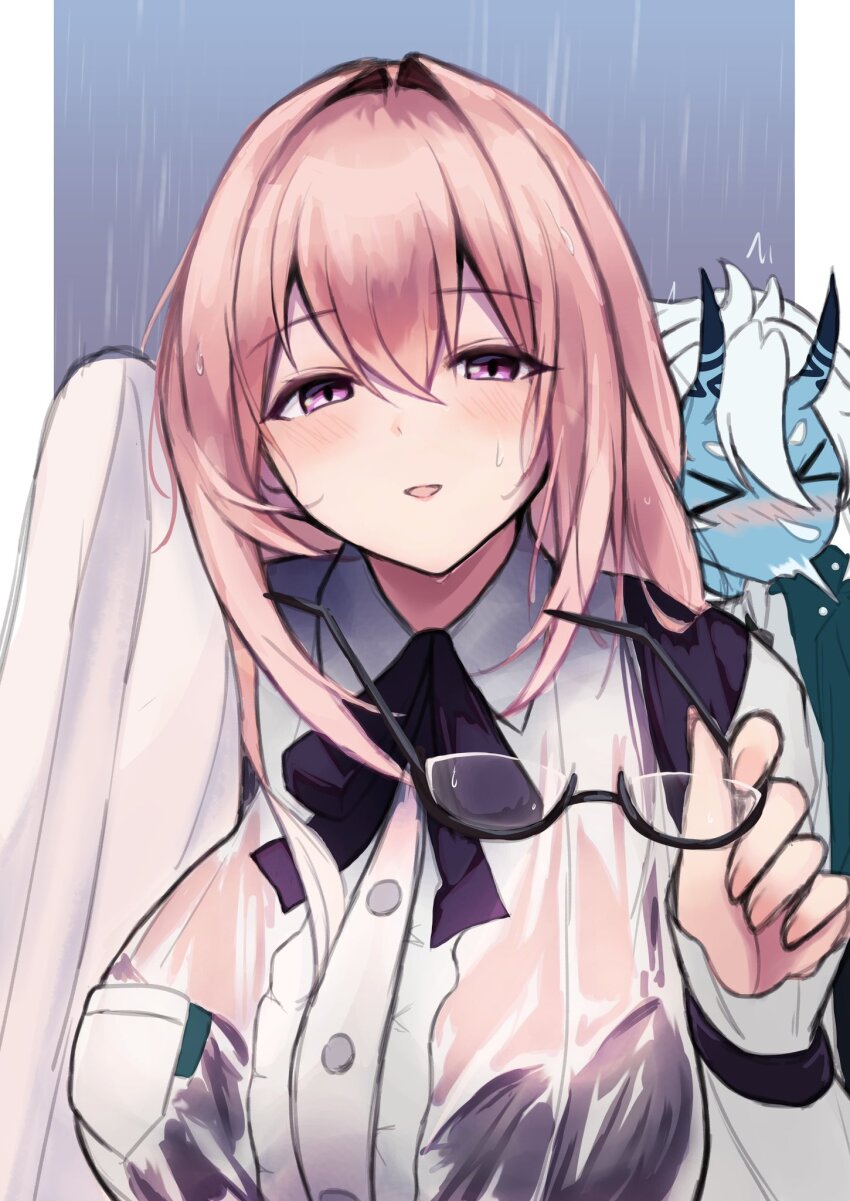 2girls, blue_skin, blush, breasts, calamy, colored_skin, glasses, hair_between_eyes