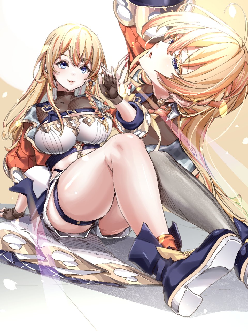 1girl, black_footwear, black_gloves, blonde_hair, blue_eyes, blush, boots, breasts