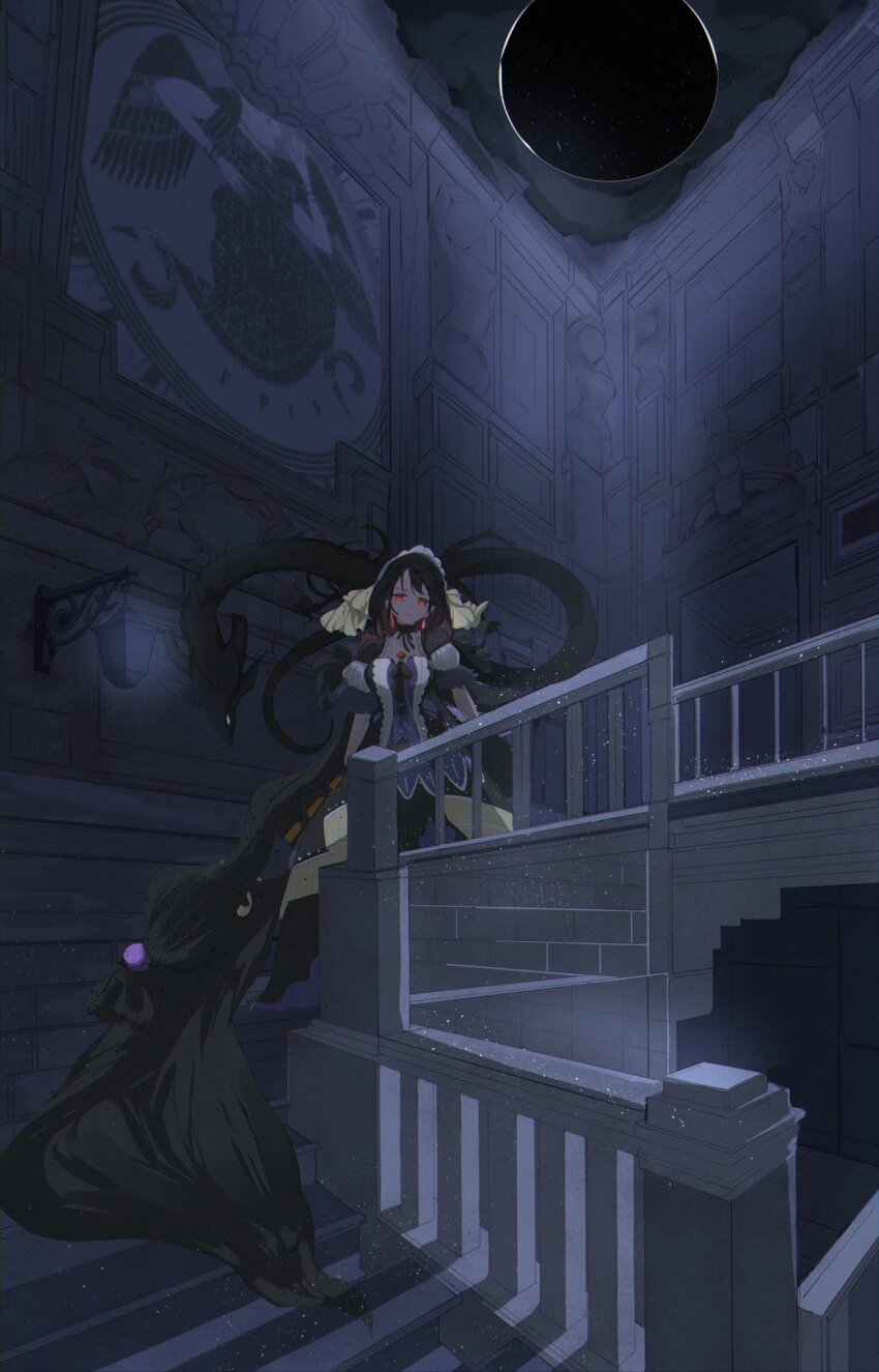 1girl, black_dress, black_hair, bonnet, breasts, dragon, dress, duel_monster, eclipse, frilled_dress, frills, gothic_lolita, highres, jewelry, lolita_fashion, looking_at_viewer, medium_hair, puffy_short_sleeves, puffy_sleeves, red_eyes, ribbon, short_hair, short_sleeves, solo, stairs, underworld_goddess_of_the_closed_world, uragawai, yu-gi-oh!
