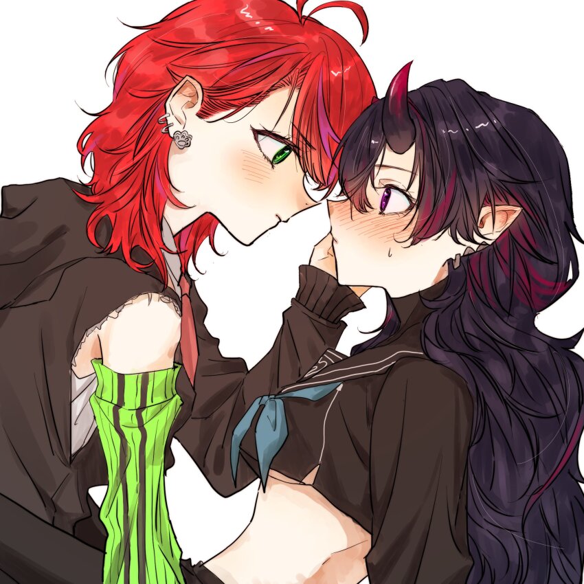 2girls, akane_canna, amaotome, antenna_hair, black_hoodie, black_shirt, blue_neckerchief, blush, breasts, closed_mouth, cropped_shirt, detached_sleeves, ear_blush, earrings, green_eyes, green_sleeves, hand_on_another's_cheek, hand_on_another's_face, highres, hood, hoodie, jewelry, long_hair, long_sleeves, looking_at_another, medium_breasts, medium_hair, multicolored_hair, multiple_girls, nanashi_inc., neckerchief, nose_blush, pointy_ears, profile, purple_hair, red_hair, ryugasaki_rene, ryugasaki_rene_(3rd_costume), school_uniform, serafuku, shirt, simple_background, smile, streaked_hair, two-tone_hair, underboob, upper_body, virtual_youtuber, white_background, yuri