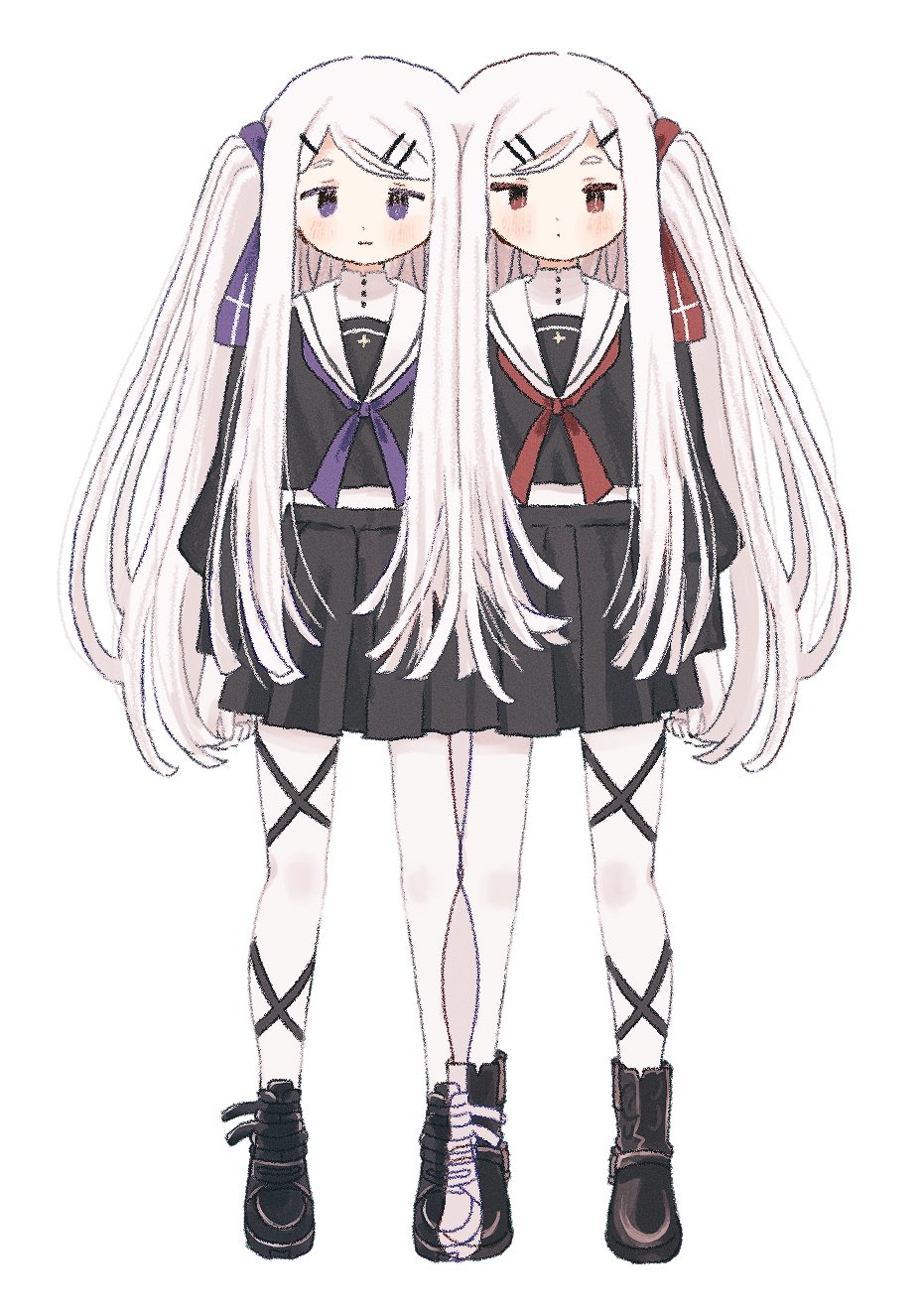 2girls, arm_at_side, black_footwear, black_serafuku, black_shirt, black_skirt, blush, boots, closed_mouth, commentary_request, dot_mouth, full_body, geminism, hair_ornament, hair_ribbon, hairclip, highres, hirosoma_kikyou, hirosoma_shinku, long_hair, long_sleeves, looking_at_viewer, midriff, multiple_girls, neckerchief, noto_(uterus_tntn), one_side_up, overlapped_images, pantyhose, pleated_skirt, purple_eyes, purple_neckerchief, purple_ribbon, red_eyes, red_neckerchief, red_ribbon, ribbon, school_uniform, serafuku, shirt, siblings, side-by-side, simple_background, skirt, standing, straight-on, swept_bangs, tareme, tsurime, twins, white_background, white_hair, white_pantyhose