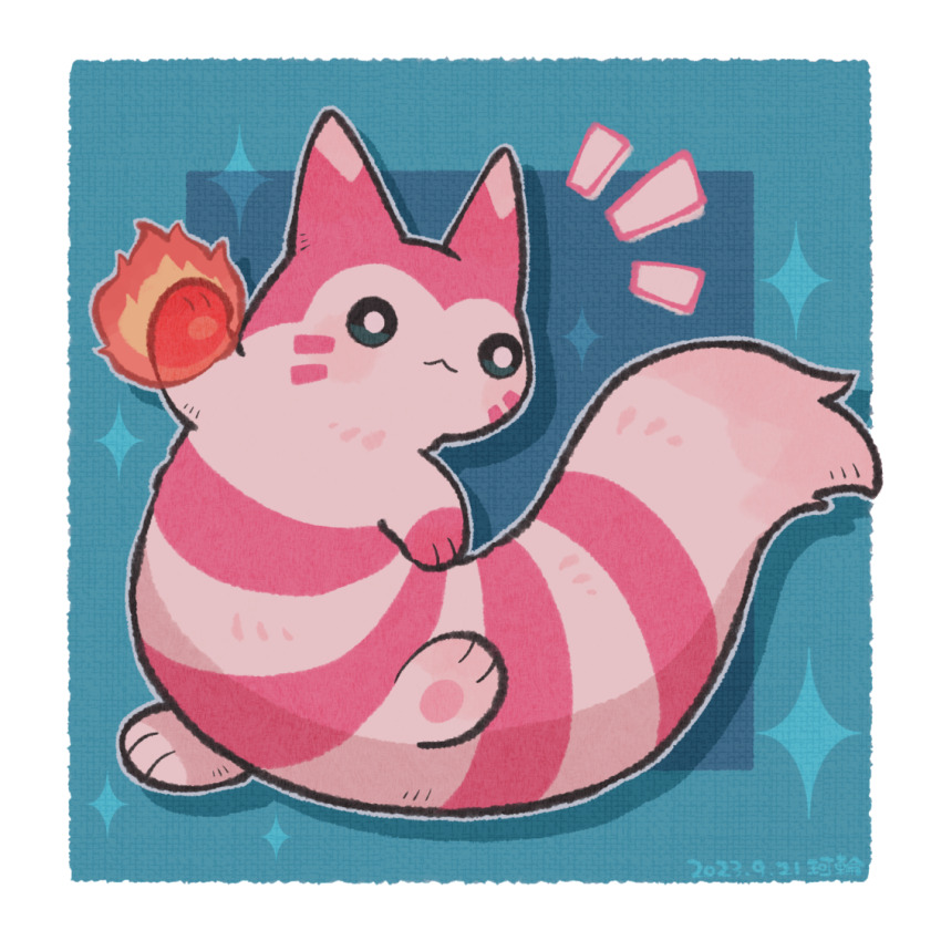 :<, alternate_color, animal_focus, black_eyes, blue_background, border, bright_pupils, dated