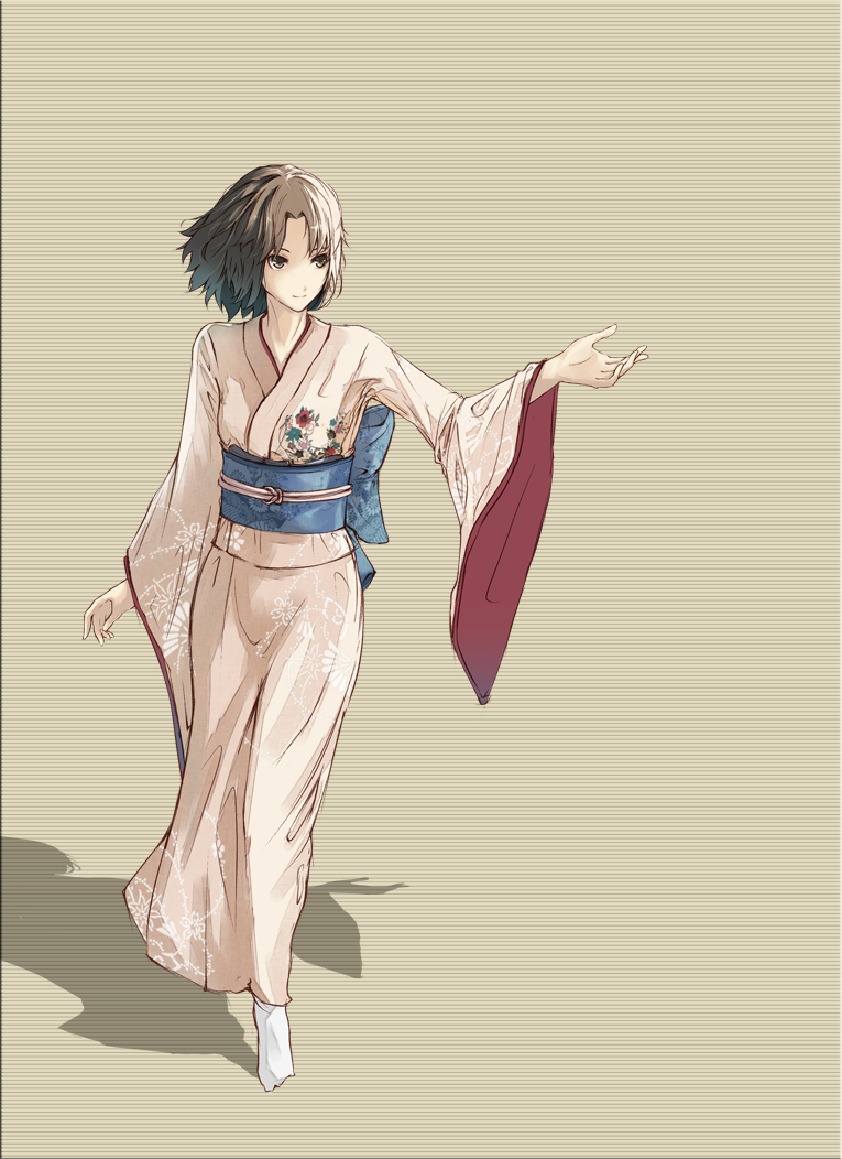 1girl, black_hair, female_focus, full_body, japanese_clothes, kara_no_kyoukai, kelvin926, kimono