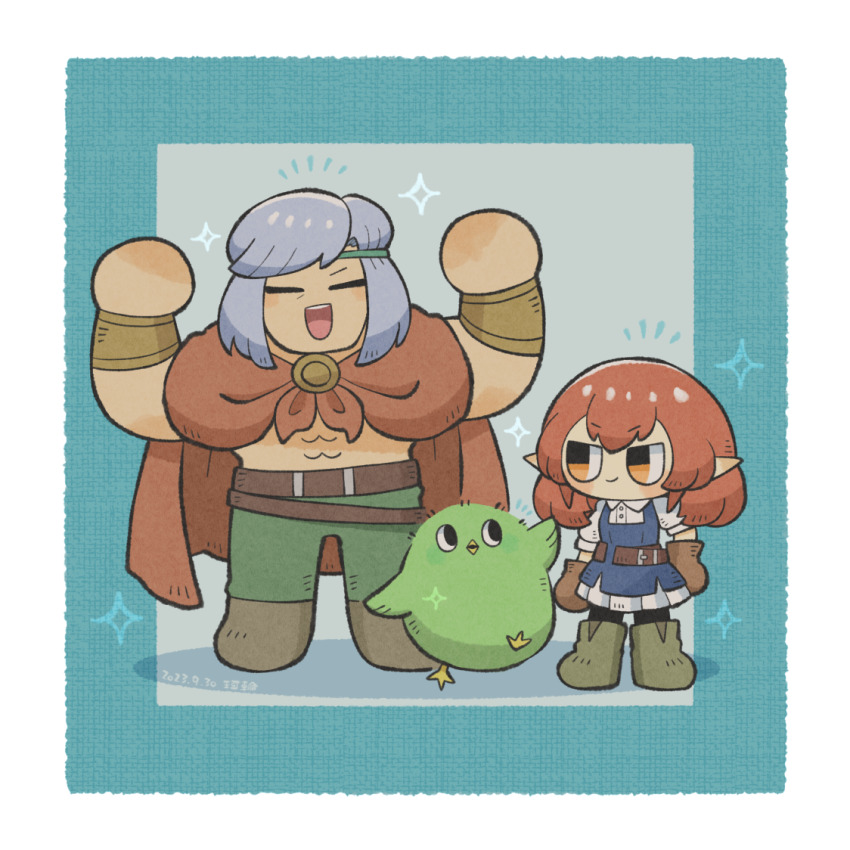 1boy, 1girl, abs, bird, blue_dress, border, brown_cape, brown_eyes