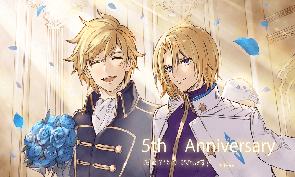 2boys, :d, ^_^, anniversary, artist_name, blonde_hair, blue_flower, blue_petals
