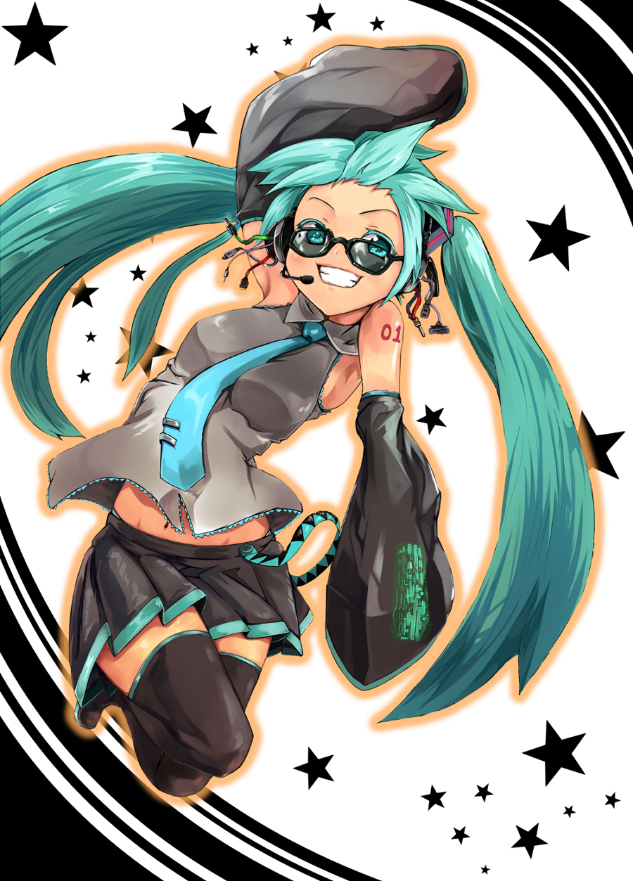 1girl, aqua_eyes, aqua_hair, bespectacled, cable, female_focus, glasses, grin, hatsune_miku, headset, highres, hitosashiyubi, kimi_ni_mune_kyun, long_hair, skirt, smile, solo, sunglasses, thighhighs, twintails, very_long_hair, vocaloid, yellow_magic_orchestra, zettai_ryouiki