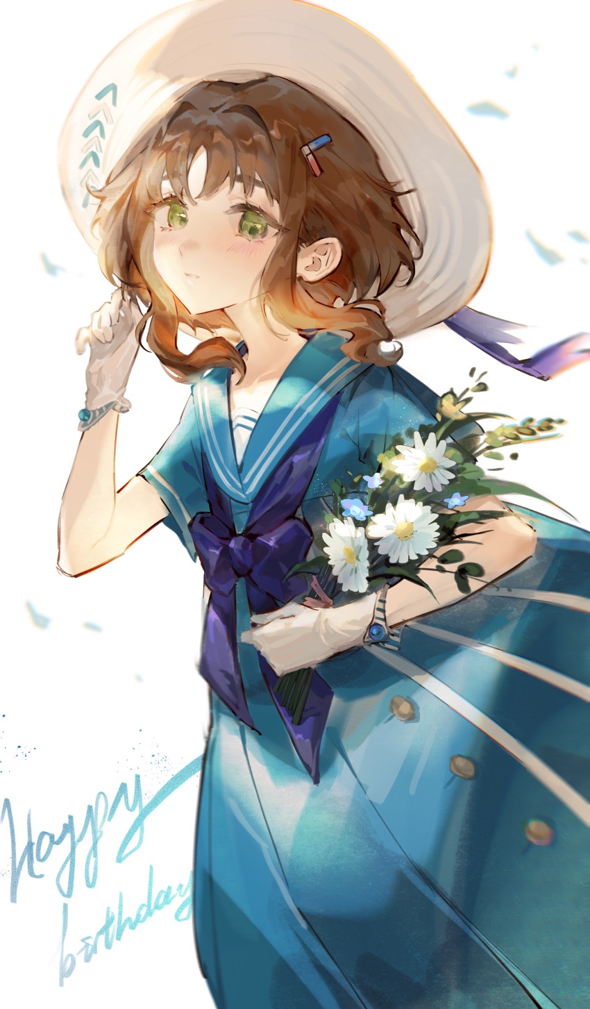1girl, absurdres, blue_dress, blue_sailor_collar, blush, brown_hair, closed_mouth, dress