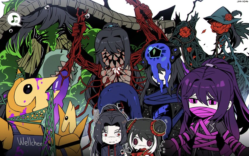 1girl, 6+boys, ambling_pearl, arms_up, asdf1211950, black_coat, black_hair, blubbering_toad_(project_moon)