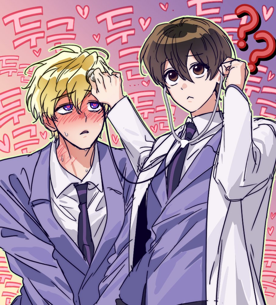 17_00, 1boy, 1girl, :<, ?, blonde_hair, blush, brown_eyes