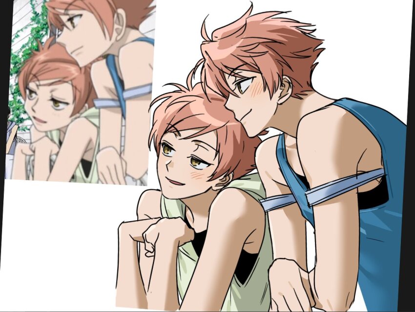 17_00, 2boys, blue_tank_top, blush, brothers, commentary_request, derivative_work, green_hoodie