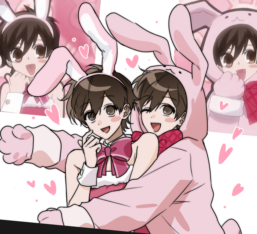 17_00, 2girls, animal_costume, animal_ears, brown_eyes, brown_hair, commentary_request, cosplay, dual_persona, fake_animal_ears, fujioka_haruhi, glomp, hug, kigurumi, korean_commentary, leotard, looking_at_viewer, multiple_girls, ouran_high_school_host_club, pink_leotard, playboy_bunny, rabbit_costume, rabbit_ears, reference_inset, short_hair, upper_body, white_background