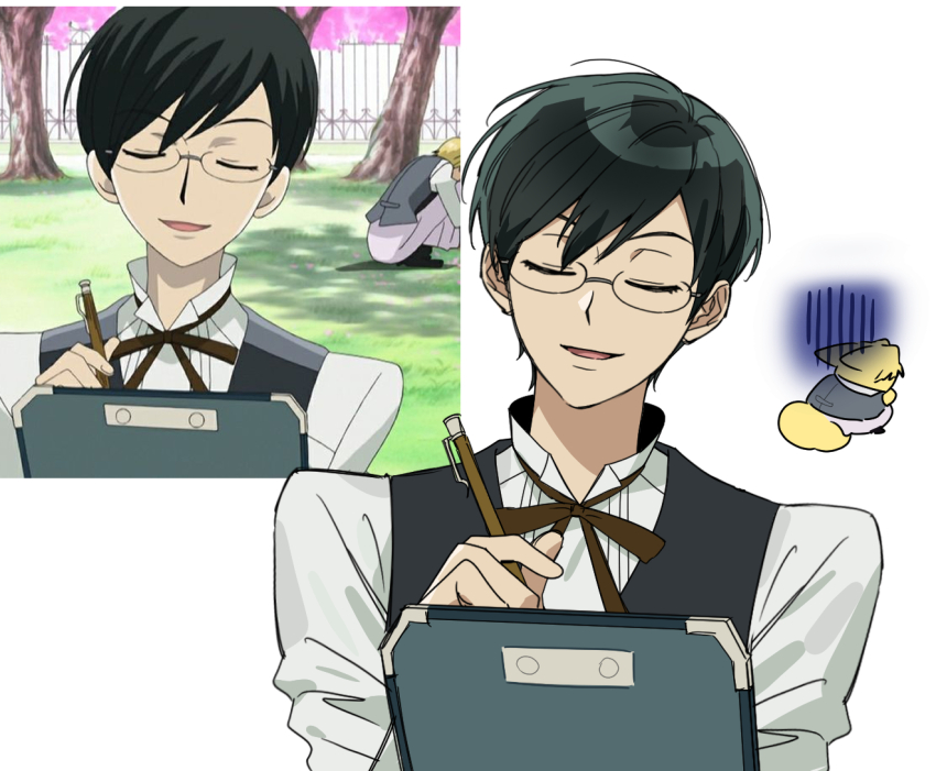 17_00, 2boys, animal_ears, black_hair, black_vest, clipboard, closed_eyes, commentary_request