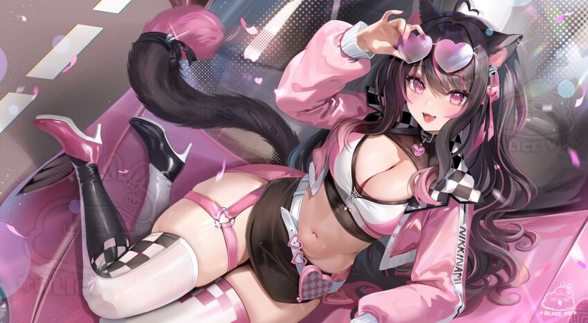 1girl, ahoge, alice_vu, animal_ears, artist_logo, belt, black_hair, black_skirt