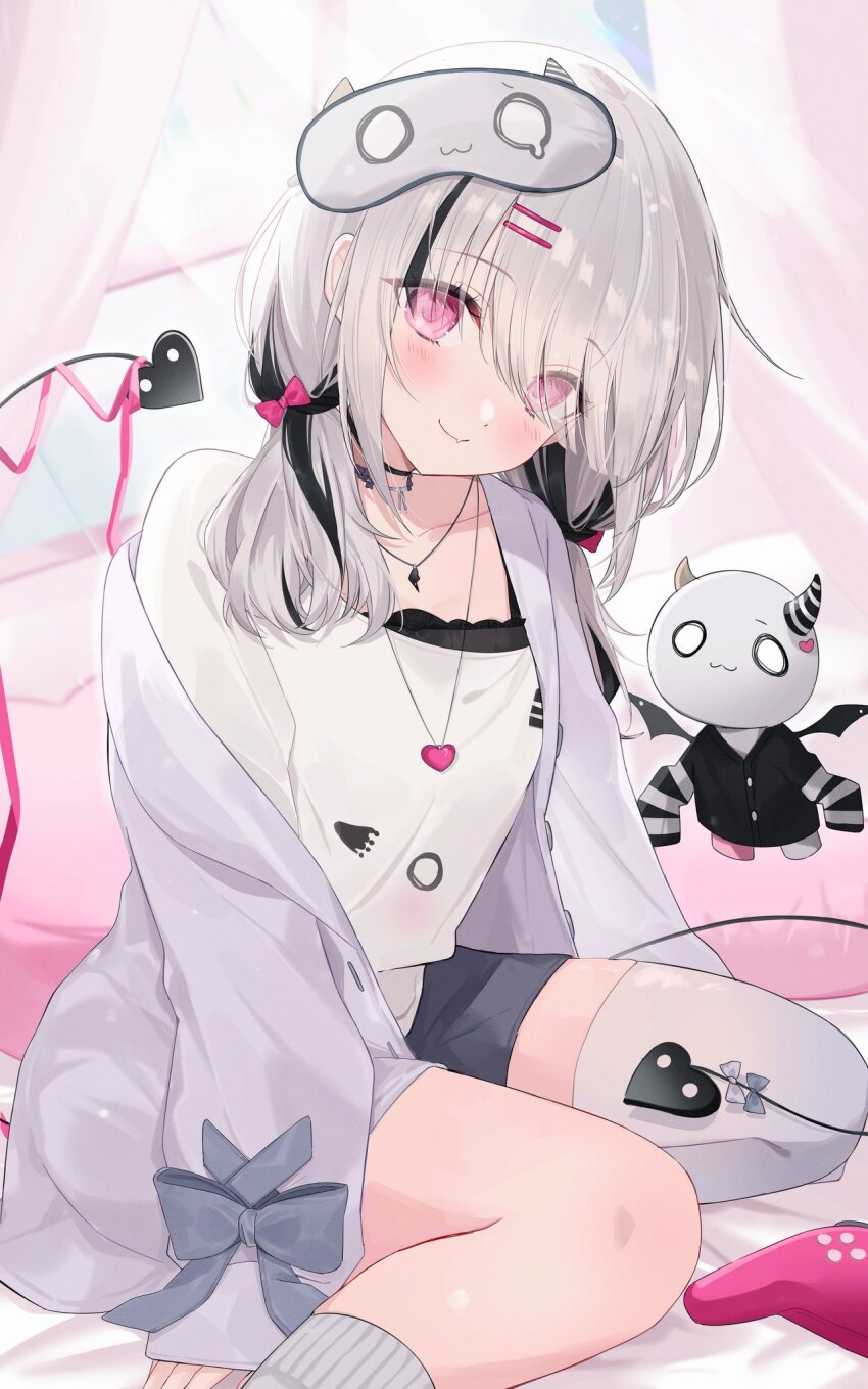 1girl, asumi_sena, asumi_sena_(5th_costume), asymmetrical_legwear, black_hair, bow, closed_mouth, eyes_visible_through_hair