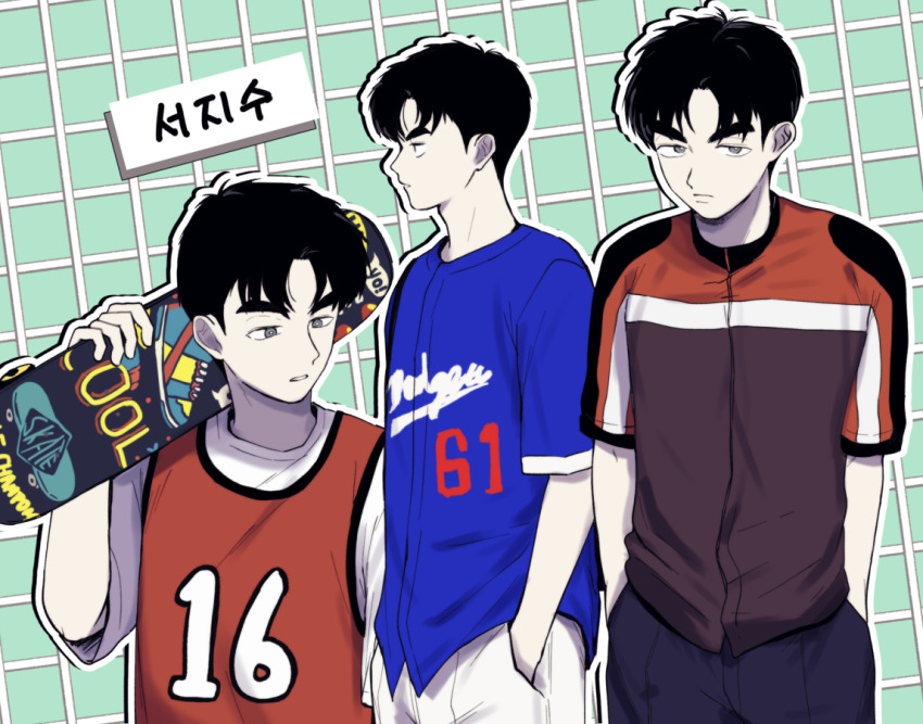 1boy, after_school_lessons_for_unripe_apples, black_hair, black_pants, blue_shirt, green_background, grey_eyes, hands_in_pockets