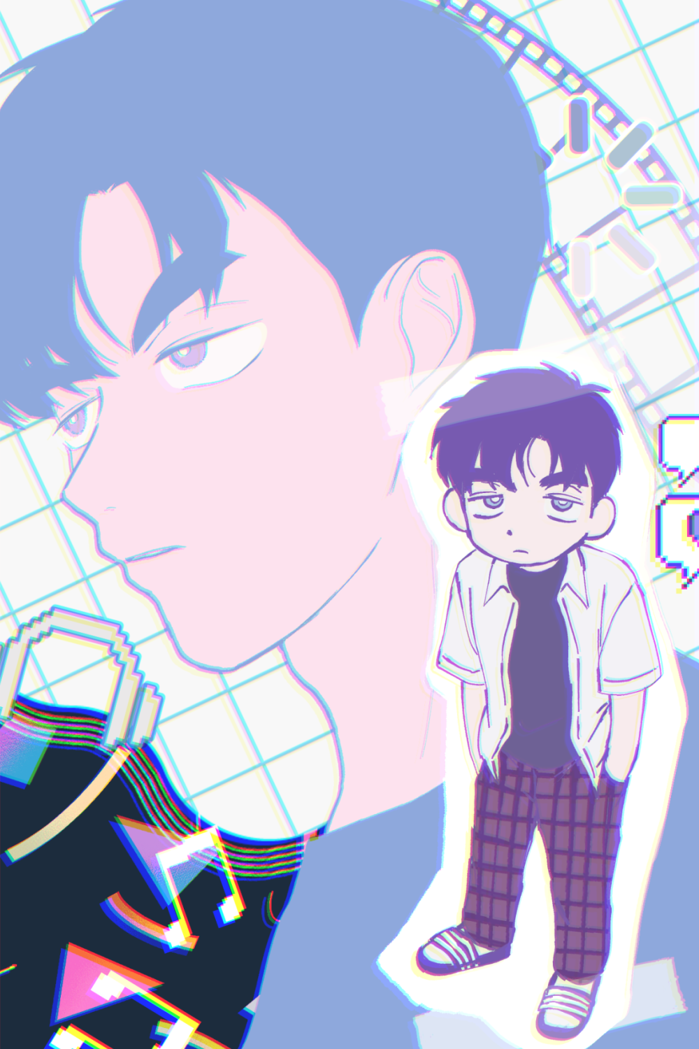 1boy, after_school_lessons_for_unripe_apples, beamed_eighth_notes, black_hair, blue_eyes, brown_pants, hands_in_pants, highres