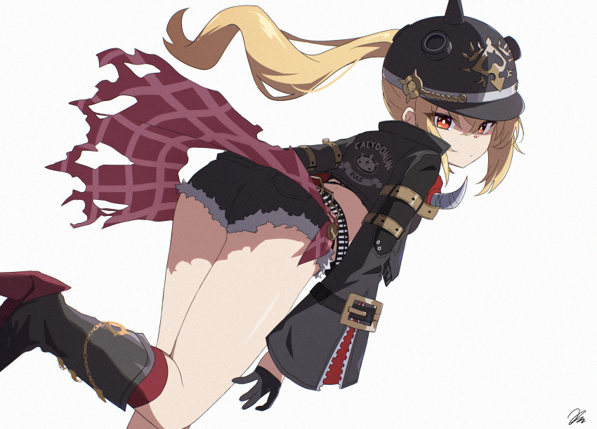 1girl, black_gloves, black_jacket, black_shorts, blonde_hair, boots, gloves, hair_between_eyes