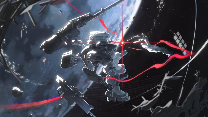 621_(armored_core_vi), armored_core, armored_core_vi:_fires_of_rubicon, ayre_(armored_core_vi), battle_damage, debris, full_body, gun