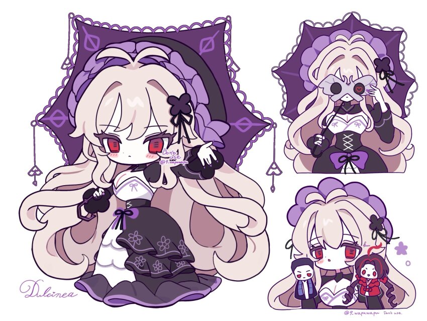 1girl, 9_wapuwapu, :o, antenna_hair, arm_up, black_corset, bonnet, bow