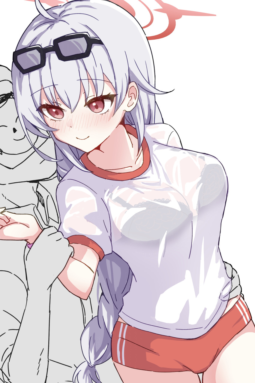 000_(jicasoe), 1boy, 1girl, absurdres, ahoge, black_bra, blue_archive, blush