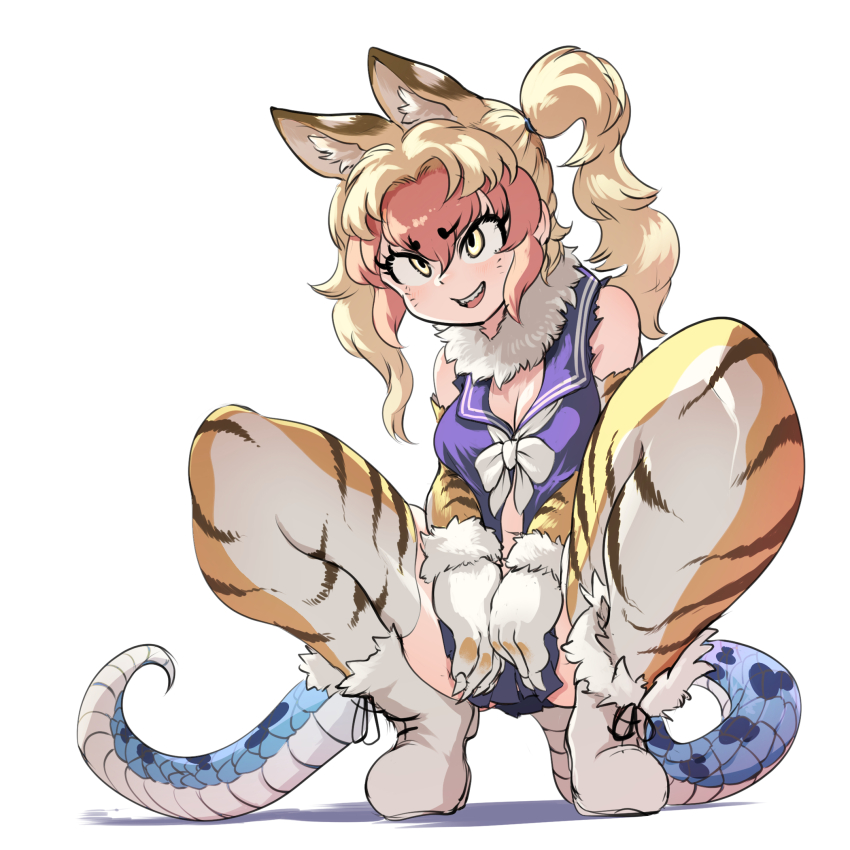 1girl, animal_ears, boots, brown_hair, claws, elbow_gloves, extra_ears, gloves, highres, kemono_friends, long_hair, looking_at_viewer, mcgunngu, multicolored_hair, nue_(kemono_friends), red_hair, sailor_collar, sailor_shirt, scarf, school_uniform, shirt, simple_background, skirt, sleeveless, solo, tail, thighhighs, twintails, two-tone_hair, yellow_eyes