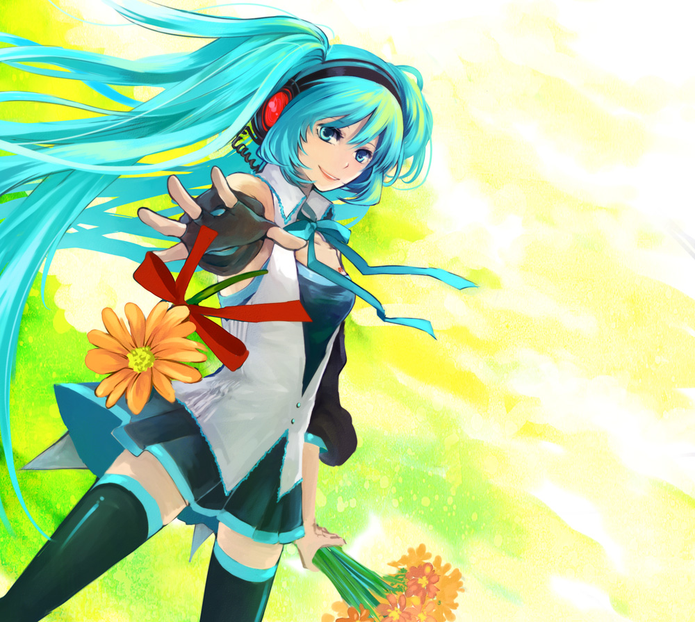 1girl, aqua_eyes, aqua_hair, bad_id, bad_pixiv_id, bouquet, daisy_(flower), female_focus