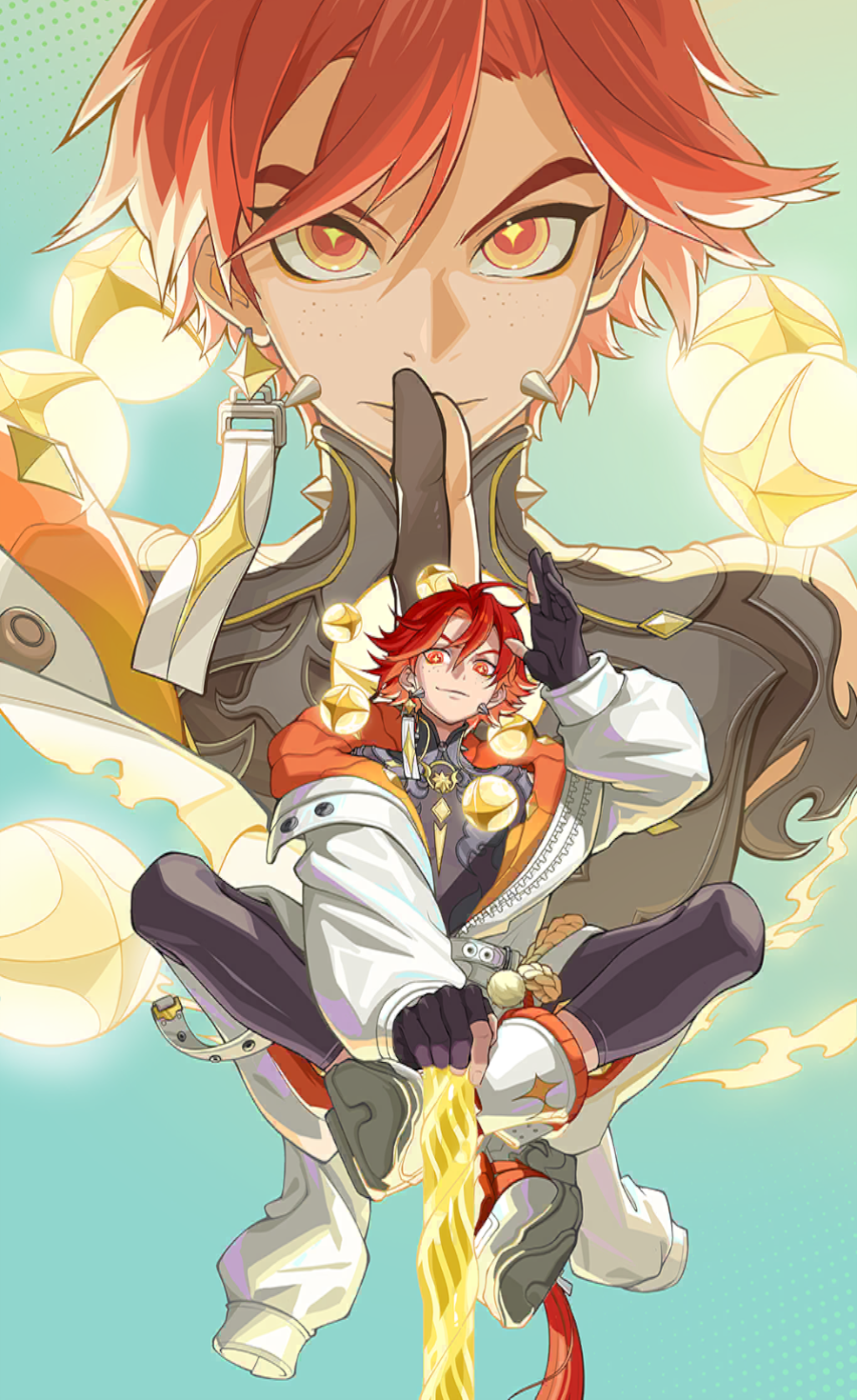 +_+, 1boy, androgynous, aqua_background, artist_request, black_gloves, bo_staff, braid, closed_mouth, dislyte, earrings, face_piercing, freckles, gloves, hair_between_eyes, highres, indian_style, jacket, jewelry, looking_at_viewer, looking_down, male_focus, mouth_piercing, multiple_views, official_art, orange_eyes, orange_hair, partially_fingerless_gloves, piercing, single_earring, sitting, tang_xuan_(sun_wukong)_(dislyte), third-party_source, white_jacket