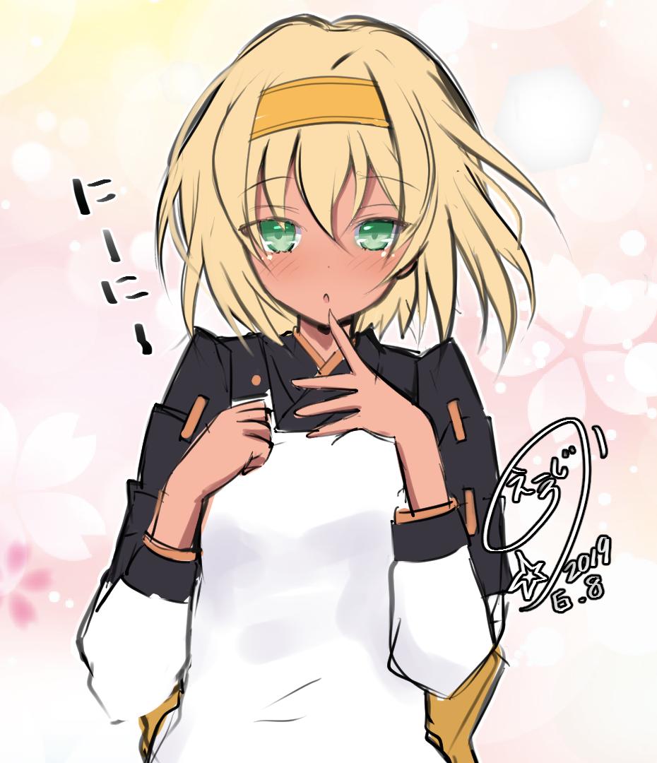 1girl, apron, armor, blonde_hair, blush, brown_headband, chatan_nakiri_(tenka_hyakken), commentary_request