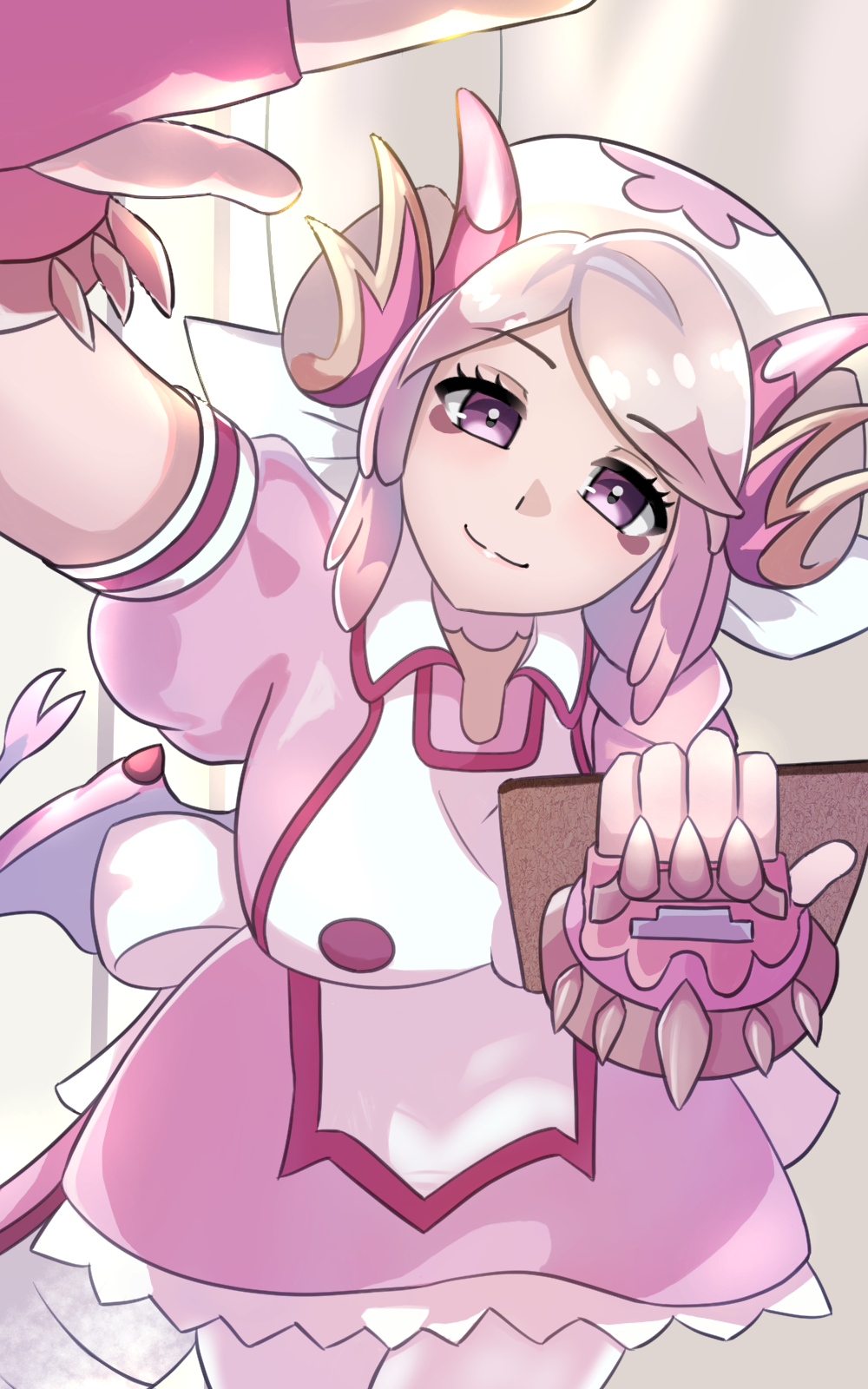 1girl, blush, braid, breasts, dragon_girl, dragon_horns, dragon_tail, dragon_wings