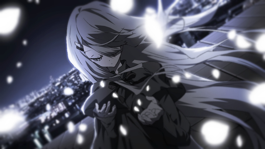 black_capelet, black_dress, capelet, cityscape, dress, hair_ornament, hairpin, hasunohato