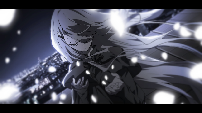 black_capelet, black_dress, capelet, cityscape, dress, hair_ornament, hairpin, hasunohato