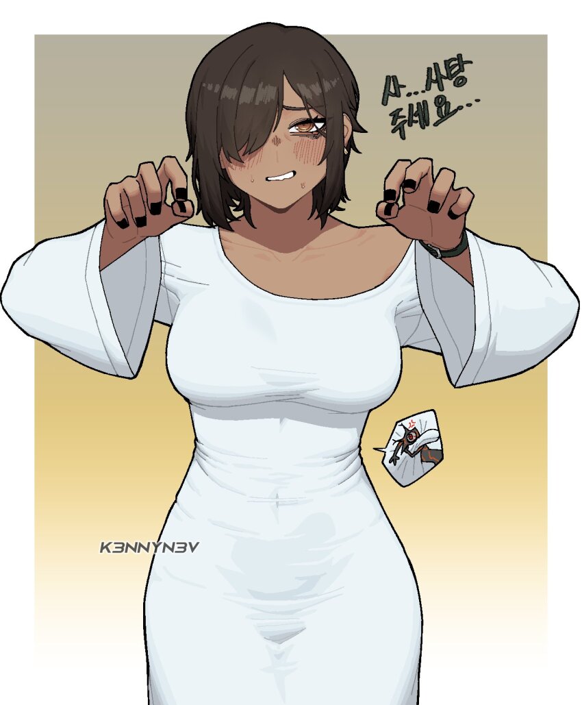 1girl, alternate_hairstyle, bare_shoulders, black_nails, breasts, brown_hair, cosplay, dress, ghost_pose, hair_over_one_eye, hands_up, highres, k3nnyn3v, korean_text, large_breasts, limbus_company, looking_at_viewer, outis_(project_moon), peccatulum_irae, project_moon, short_hair, solo, the_ring, translation_request, white_dress, yamamura_sadako, yamamura_sadako_(cosplay)