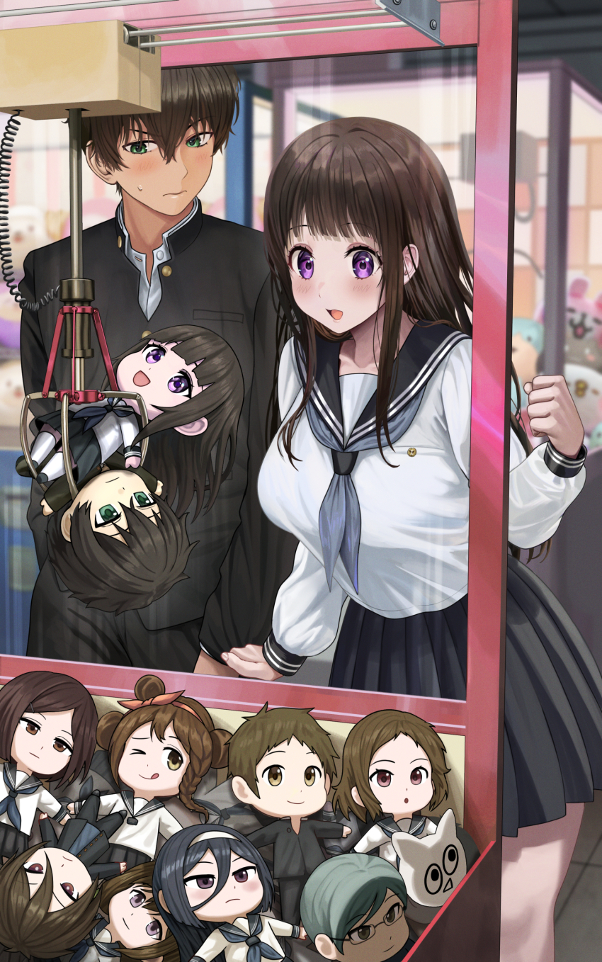 1boy, 1girl, absurdres, black_hair, black_sailor_collar, black_shirt, black_skirt, blush