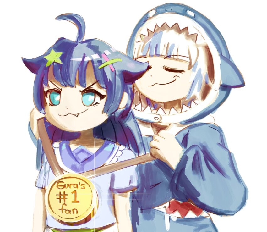 2girls, ahoge, animal_costume, animal_hood, blue_eyes, blue_hair, blue_hoodie, blue_shirt