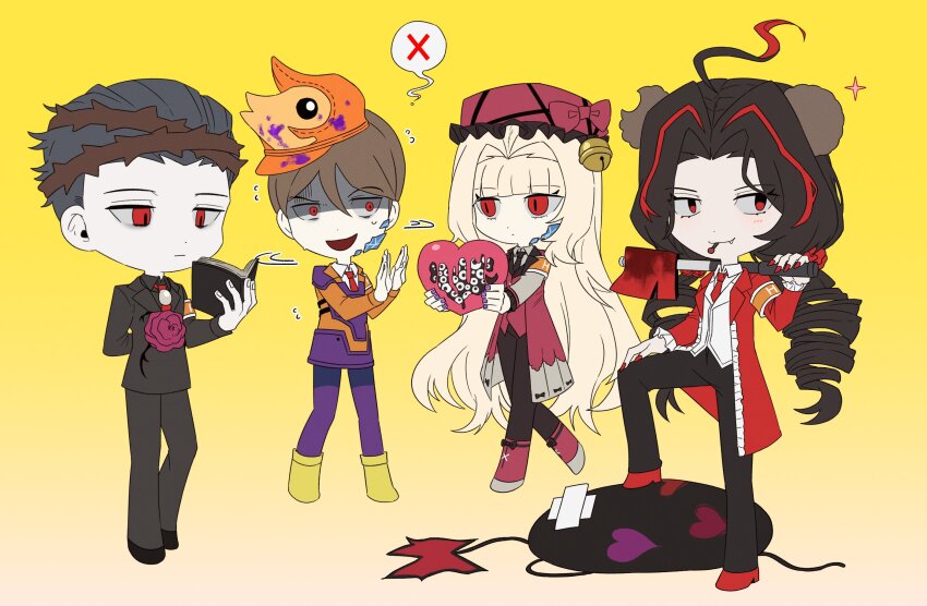 2boys, 2girls, ahoge, asdf1211950, nicolina_(project_moon), black_hair, black_jacket, black_pants