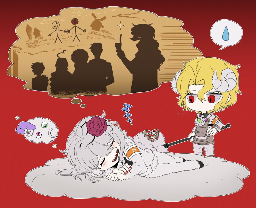 1boy, 1girl, asdf1211950, nicolina_(project_moon), black_footwear, blonde_hair, blush, don_quixote_(project_moon), dreaming, dulcinea_(project_moon), e.g.o_(project_moon), engulfing_dream_(e.g.o), highres, horns, jacket, lantern_(e.g.o), limbus_company, lobotomy_corporation, lobotomy_corporation_(identity)_(project_moon), long_hair, open_mouth, pants, parted_bangs, curiambro_(project_moon), project_moon, red_eyes, sancho_(project_moon), sharp_teeth, sheep_horns, shoes, sidelocks, smile, teeth, white_hair, white_jacket, white_pants, wool