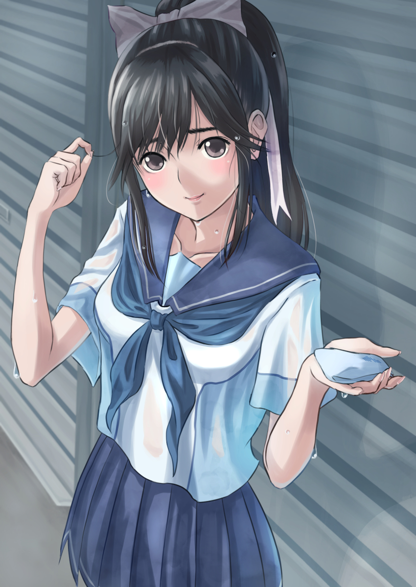 1girl, absurdres, black_hair, black_sailor_collar, black_skirt, blue_neckerchief, blush, bow