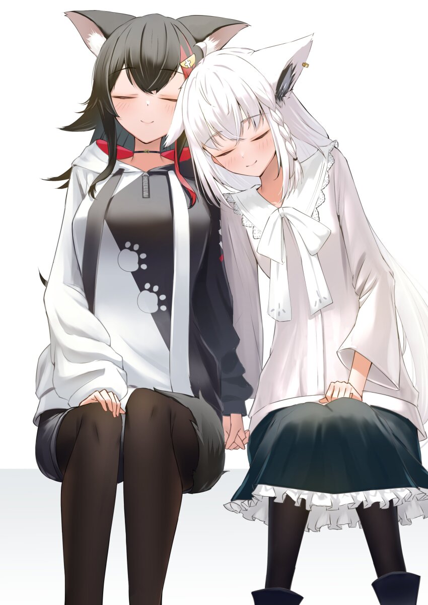 2girls, absurdres, animal_ear_fluff, animal_ear_piercing, animal_ears, black_choker, black_hair, black_hoodie