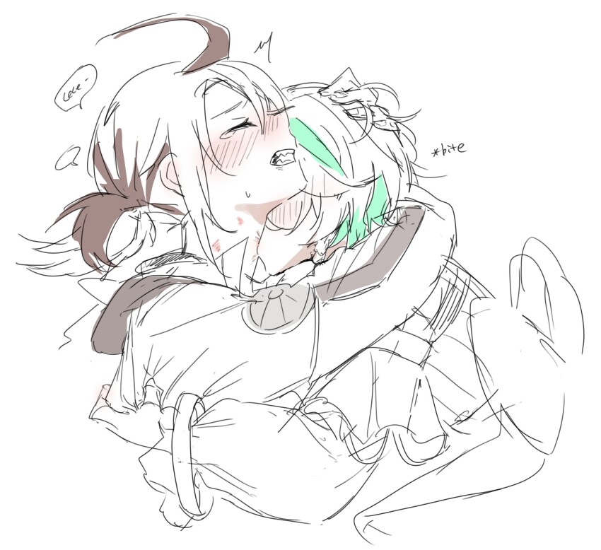 2girls, ahoge, arms_around_neck, biting, blue_hair, brown_hair, cecilia_immergreen, cecilia_immergreen_(1st_costume), commentary, english_text, gigi_murin, gigi_murin_(1st_costume), greyscale, h3liveh3, hand_on_another's_head, hickey, highres, hololive, hololive_english, long_sleeves, monochrome, multicolored_hair, multiple_girls, neck_biting, short_hair, speech_bubble, spot_color, streaked_hair, upper_body, virtual_youtuber, yuri