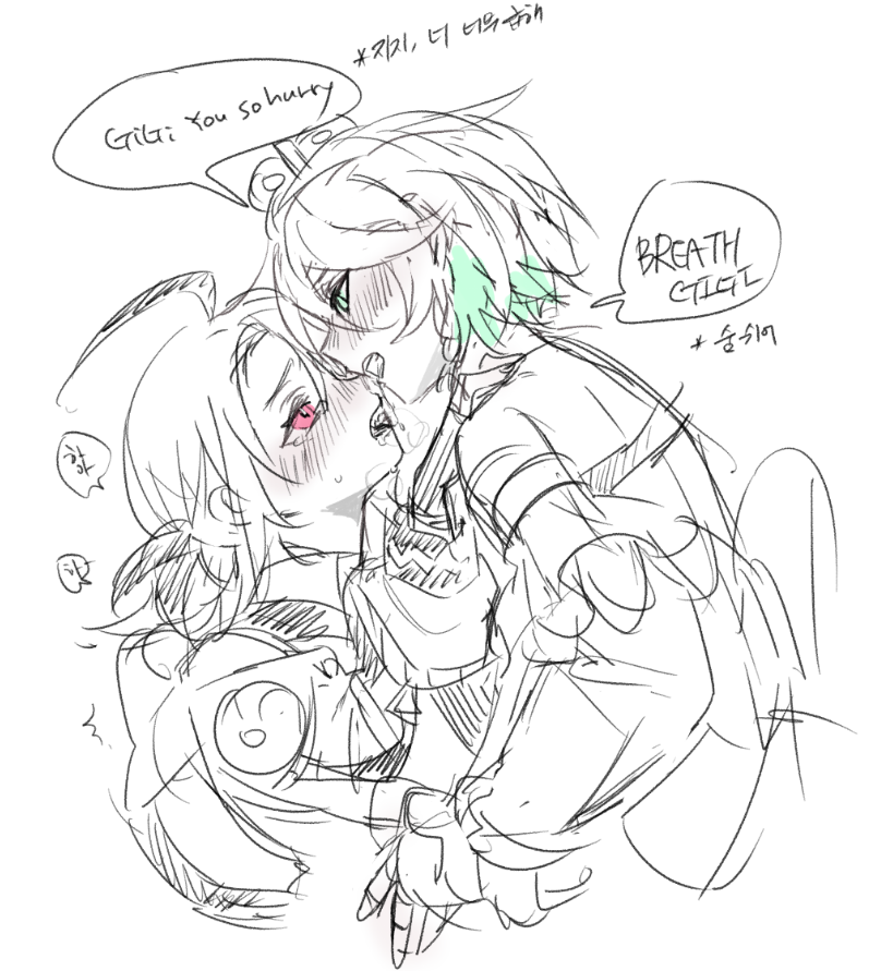 2girls, blue_hair, blush, cecilia_immergreen, cecilia_immergreen_(1st_costume), commentary, english_text, gigi_murin