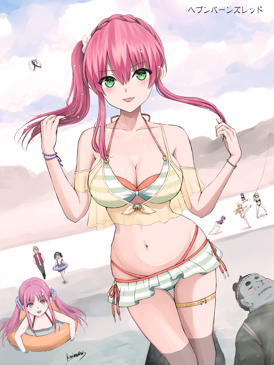 6+girls, aikawa_megumi, aikawa_megumi_(neverending_summer), akagi_rumi, asakura_karen_(heaven_burns_red), asakura_karen_(summertide_shark_the_ripper)_(heaven_burns_red), bikini, breasts, collarbone, green_eyes, heaven_burns_red, highres, kayamori_ruka, kayamori_ruka_(passing_moment_of_reprieve), kunimi_tama, long_hair, microskirt, multiple_girls, navel, niwatori_kokezou, outdoors, pink_hair, side_ponytail, skirt, striped_bikini, striped_clothes, swimsuit, team_31a_(heaven_burns_red), toujou_tsukasa, toujou_tsukasa_(midsummer_prayer)