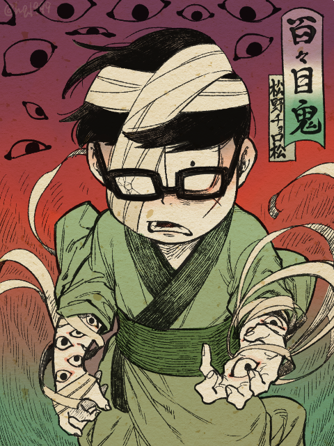 1boy, bandage_over_one_eye, bandaged_arm, bandages, broken_eyewear, broken_glass, disembodied_eye, dodomeki