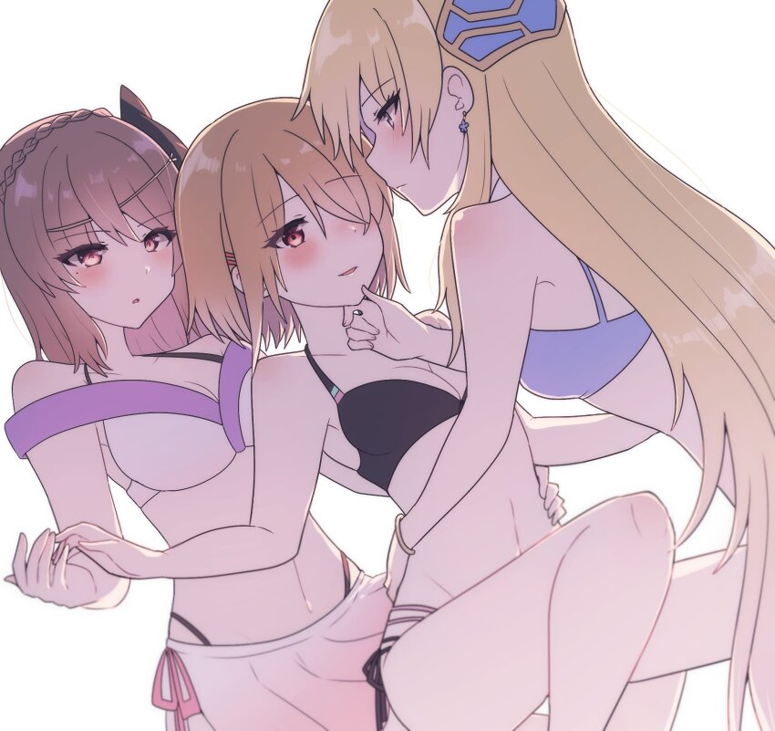 3girls, bikini, blonde_hair, braid, breasts, brown_hair, crown_braid, fox_mask