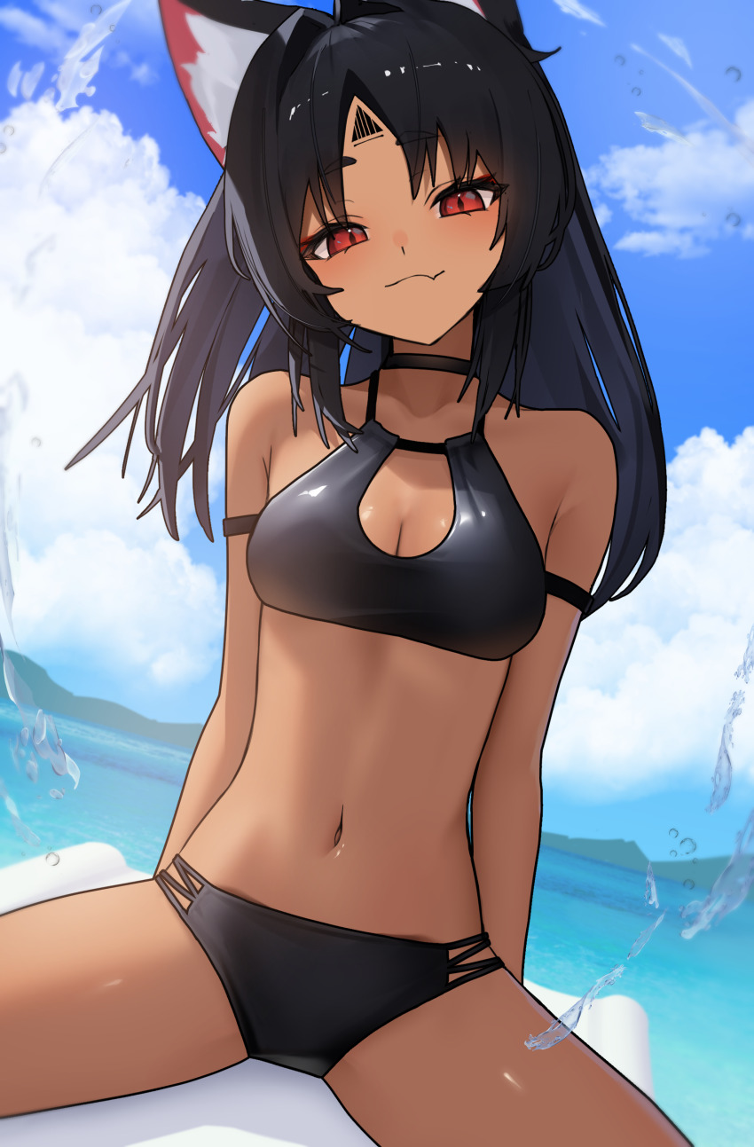 1girl, absurdres, animal_ear_fluff, animal_ears, bikini, black_bikini, black_hair, blue_sky