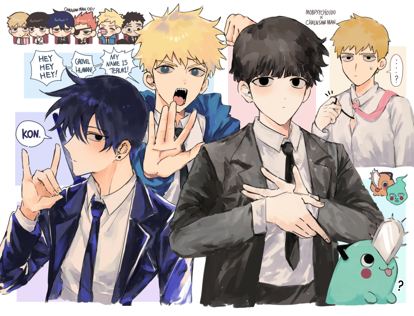 ..., 6+boys, black_hair, black_necktie, black_suit, blonde_hair, chainsaw_man, clenched_hand, commentary_request, copyright_name, cosplay, drinking, earrings, ekubo_(mob_psycho_100), ekubo_(mob_psycho_100)_(cosplay), english_text, eyepatch, food, formal_clothes, hanazawa_teruki, hayakawa_aki, hayakawa_aki_(cosplay), highres, hyeon_0613, jewelry, kageyama_ritsu, kageyama_shigeo, korean_commentary, makima_(chainsaw_man), makima_(chainsaw_man)_(cosplay), male_focus, mob_psycho_100, multiple_boys, necktie, orange_hair, pink_necktie, pochita_(chainsaw_man), popcorn, power_(chainsaw_man), power_(chainsaw_man)_(cosplay), pull_cord, reigen_arataka, serizawa_katsuya, sharp_teeth, spoken_ellipsis, stud_earrings, suit, suzuki_shou, sweatdrop, sword, sword_on_back, teeth, weapon, weapon_on_back