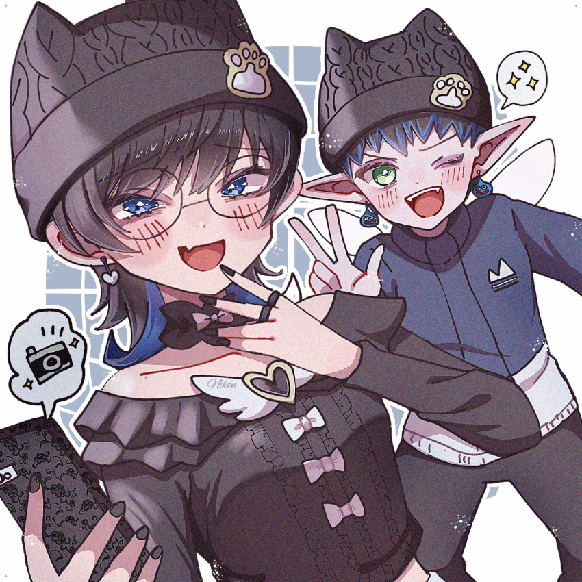 1boy, 1girl, alternate_costume, alternate_eye_color, alternate_hair_color, alternate_hairstyle, androgynous, animal_ears