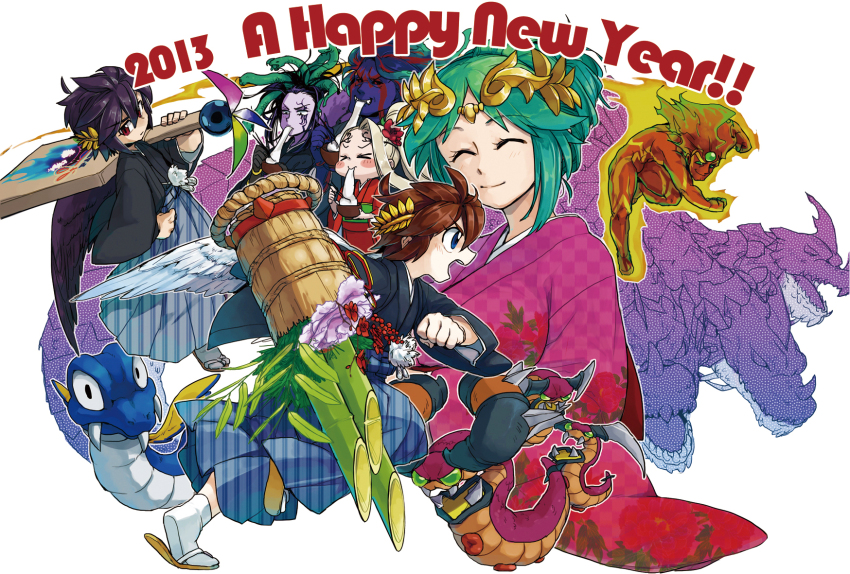 >_<, 2013, ^_^, alternate_costume, alternate_hairstyle, angel, angel_wings, bamboo, black_hair, blonde_hair, blue_eyes, blue_skin, blush_stickers, brown_hair, character_request, closed_eyes, closed_mouth, clothing_request, colored_skin, creature_request, dark_pit, dragon, english_text, facial_tattoo, feathered_wings, fiery_hair, food, from_side, full_body, green_eyes, green_hair, hades_(kid_icarus), hair_up, happy_new_year, hewdraw, highres, holding, japanese_clothes, kid_icarus, kid_icarus_uprising, laurel_crown, male_focus, mature_male, medusa_(kid_icarus), mochi, monster_boy, monster_girl, multiple_boys, multiple_girls, new_year, nintendo, object_request, palutena, pit_(kid_icarus), purple_skin, pyrrhon, red_eyes, red_skin, shemum, smile, snake_hair, suno_(imydream), tattoo, v-shaped_eyebrows, viridi, white_wings, wings